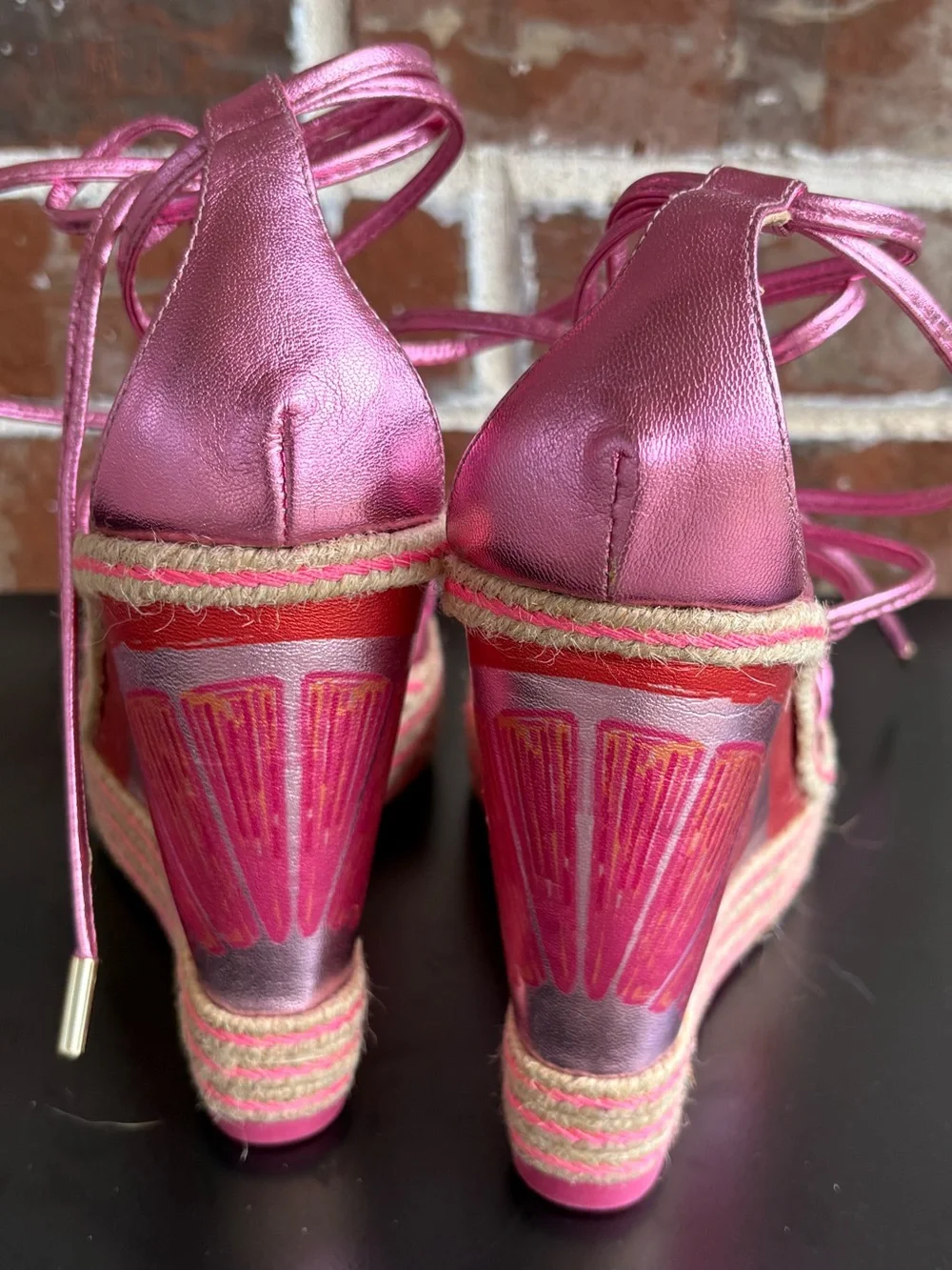 Sophia Webster Mimi Espadrille Wedge Sandals Metallic Citrus Pink EU Size 39